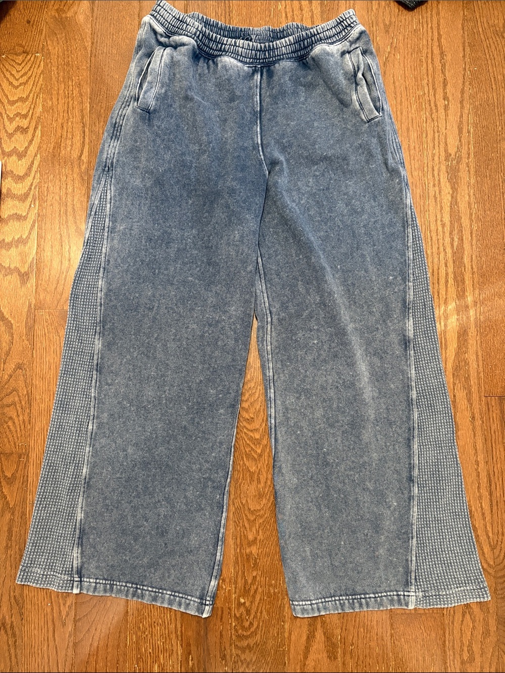aerie Washed Blue Wide-Leg Sweatpants with Textured Side Panels